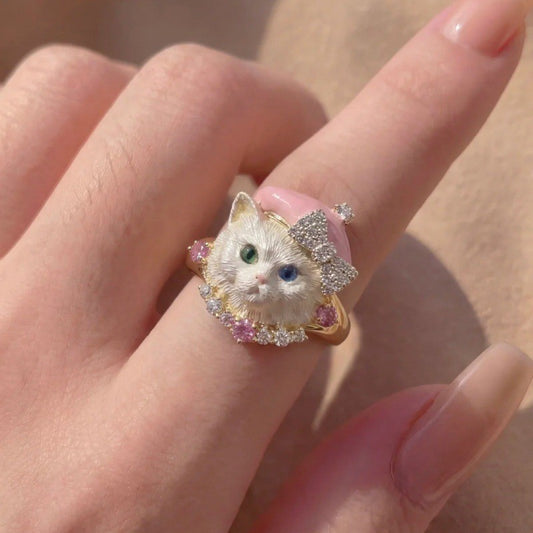 「Kitten Beret」Enamel Cat Ring with Pink Bow & Heterochromatic Eyes