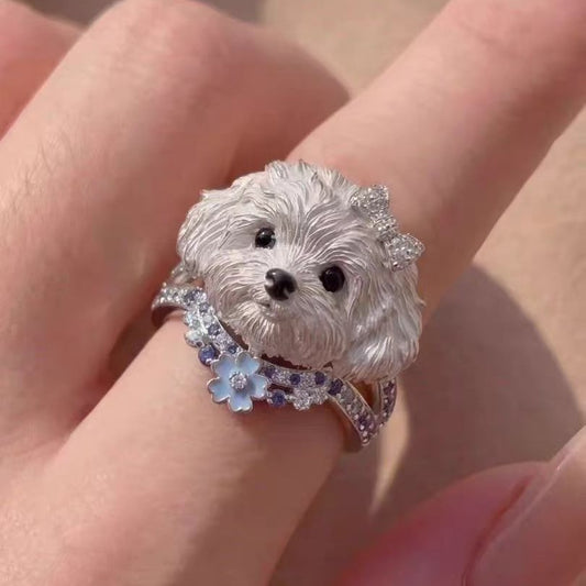 「Maltese Darling」Enamel Dog Ring with Blue Floral Accents