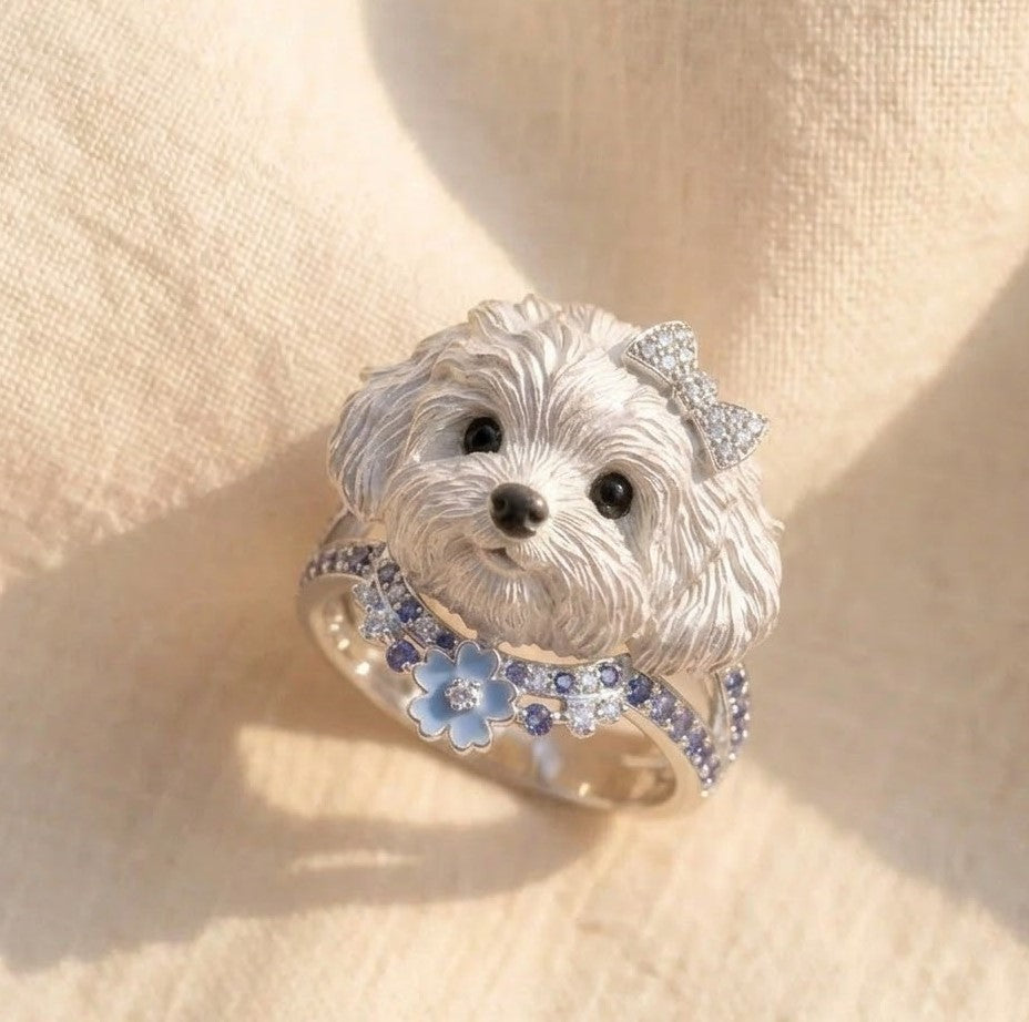 「Maltese Darling」Enamel Dog Ring with Blue Floral Accents