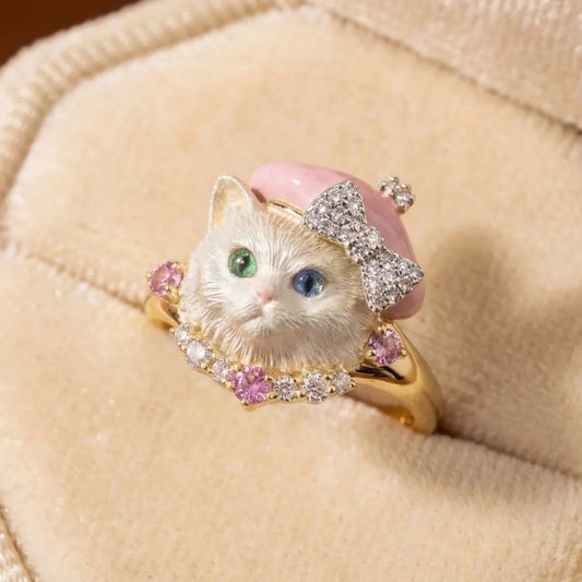 「Kitten Beret」Enamel Cat Ring with Pink Bow & Heterochromatic Eyes