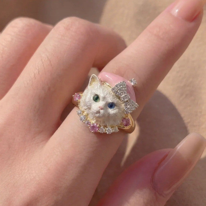 「Kitten Beret」Enamel Cat Ring with Pink Bow & Heterochromatic Eyes